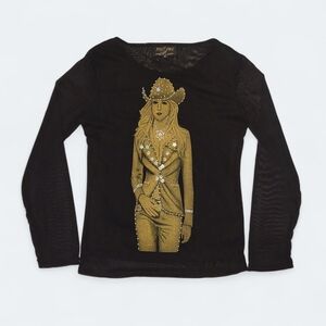 FOXFIRE Cowgirl Semi-Sheer Popover Top Women's M Black Gold Graphic Bodycon